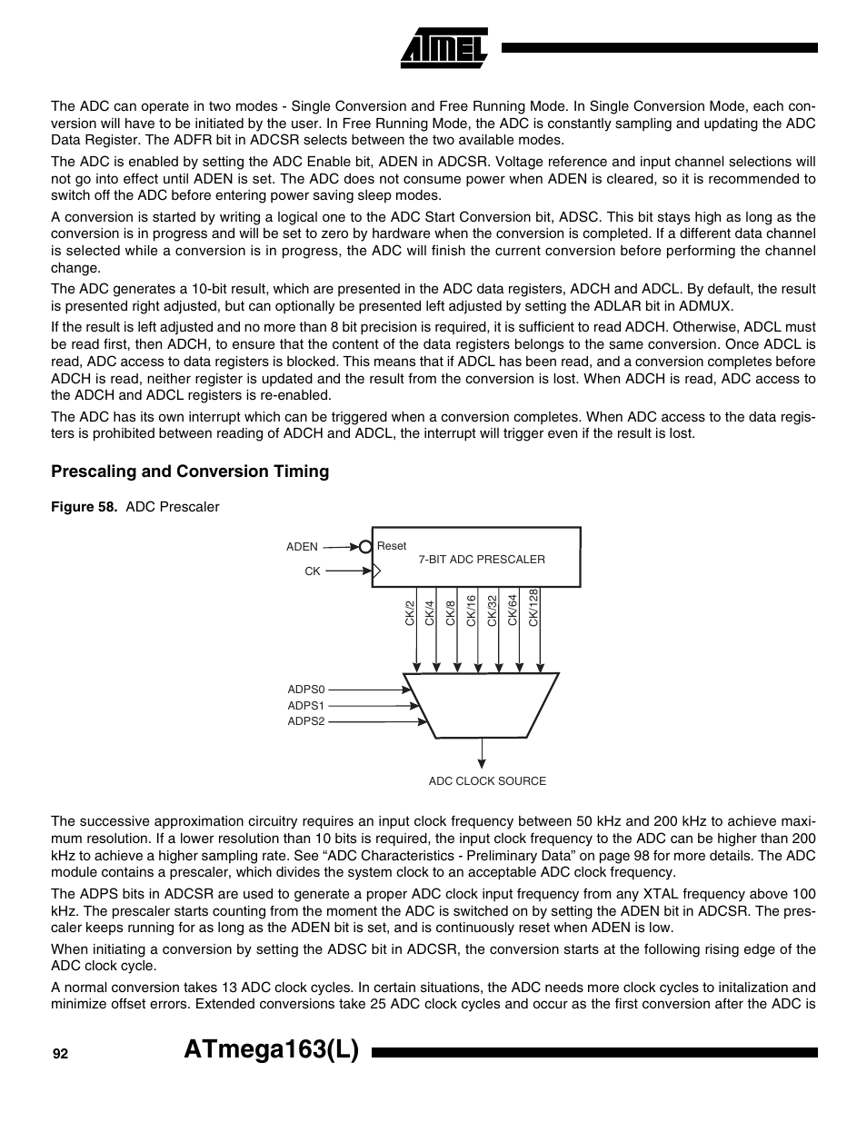 Prescaling and conversion timing, Atmega163(l) | Rainbow Electronics ATmega163L User Manual | Page 92 / 156