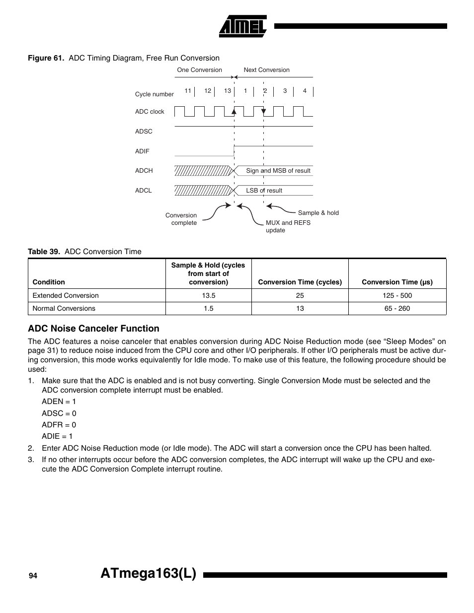 Adc noise canceler function, Atmega163(l) | Rainbow Electronics ATmega163L User Manual | Page 94 / 156