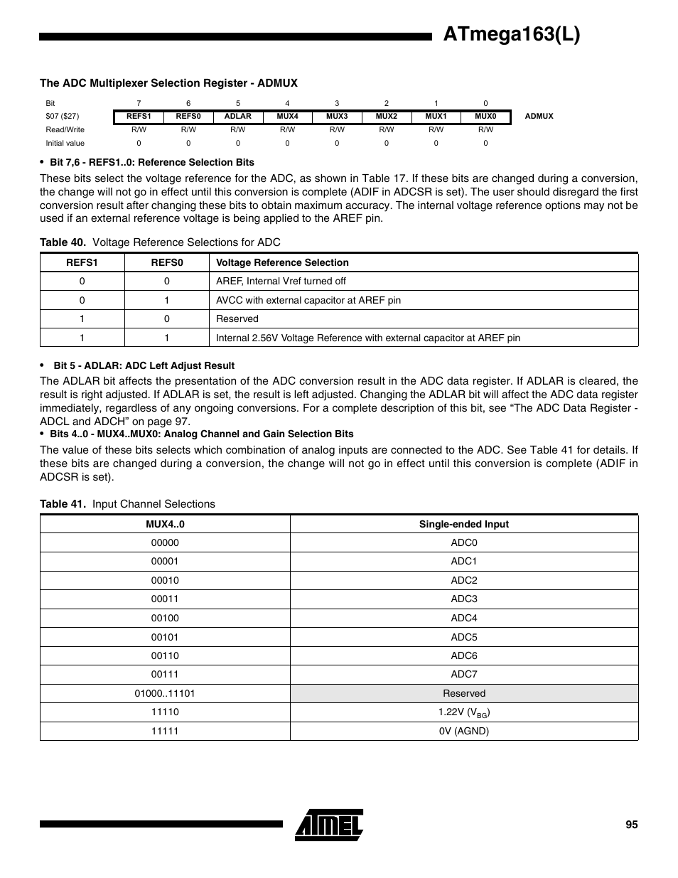 The adc multiplexer selection register - admux, Atmega163(l) | Rainbow Electronics ATmega163L User Manual | Page 95 / 156