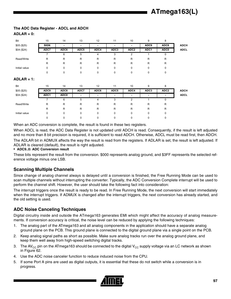 The adc data register - adcl and adch, Scanning multiple channels, Adc noise canceling techniques | Atmega163(l) | Rainbow Electronics ATmega163L User Manual | Page 97 / 156