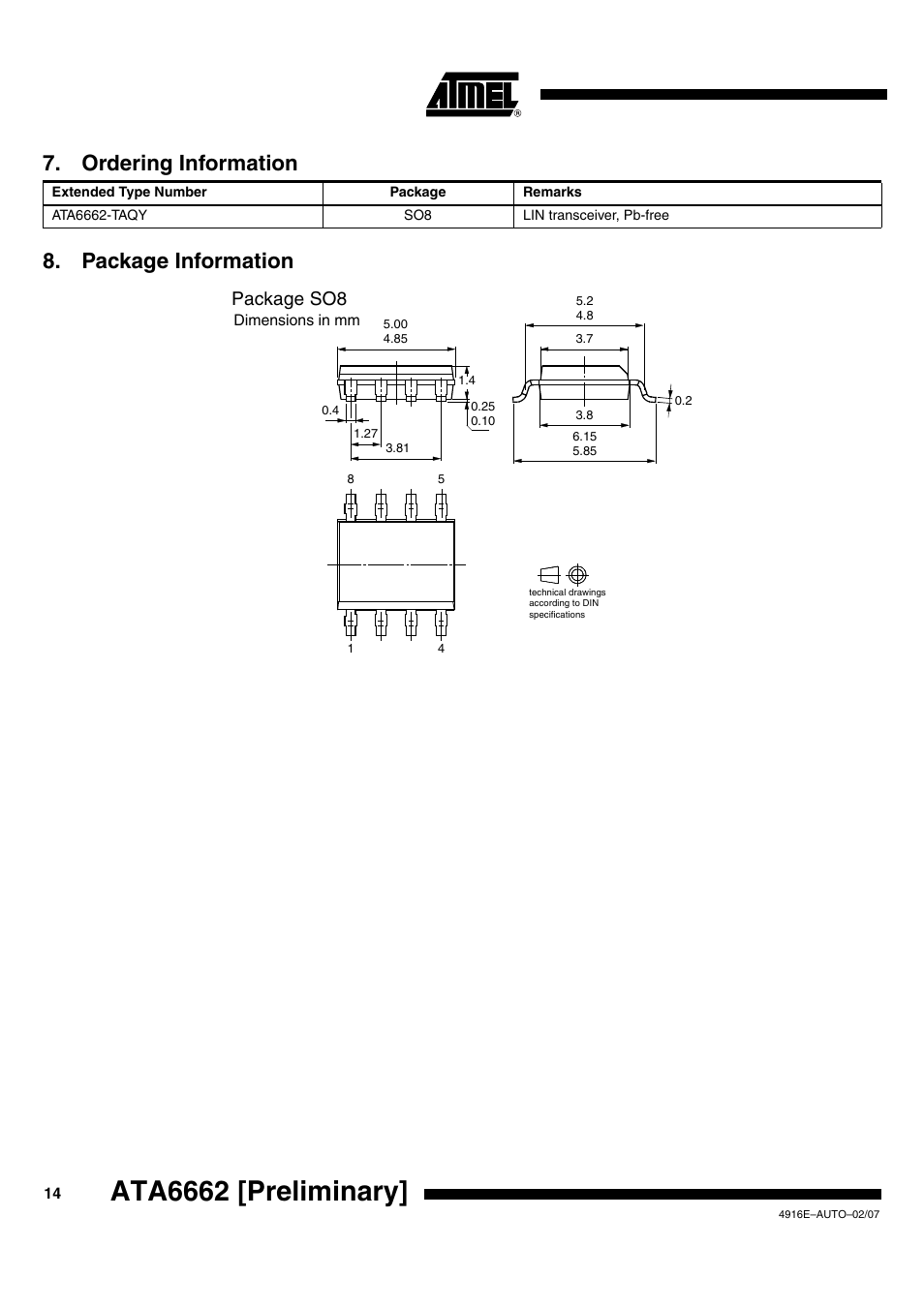 Ata6662 [preliminary, Package information 7. ordering information, Package so8 | Rainbow Electronics ATA6662 User Manual | Page 14 / 16