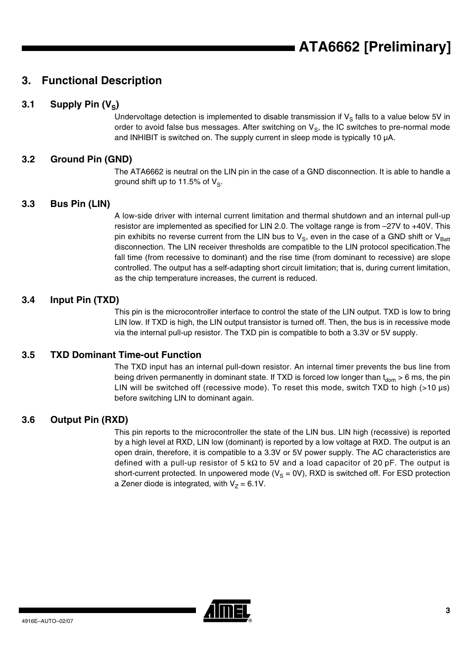 Ata6662 [preliminary, Functional description | Rainbow Electronics ATA6662 User Manual | Page 3 / 16