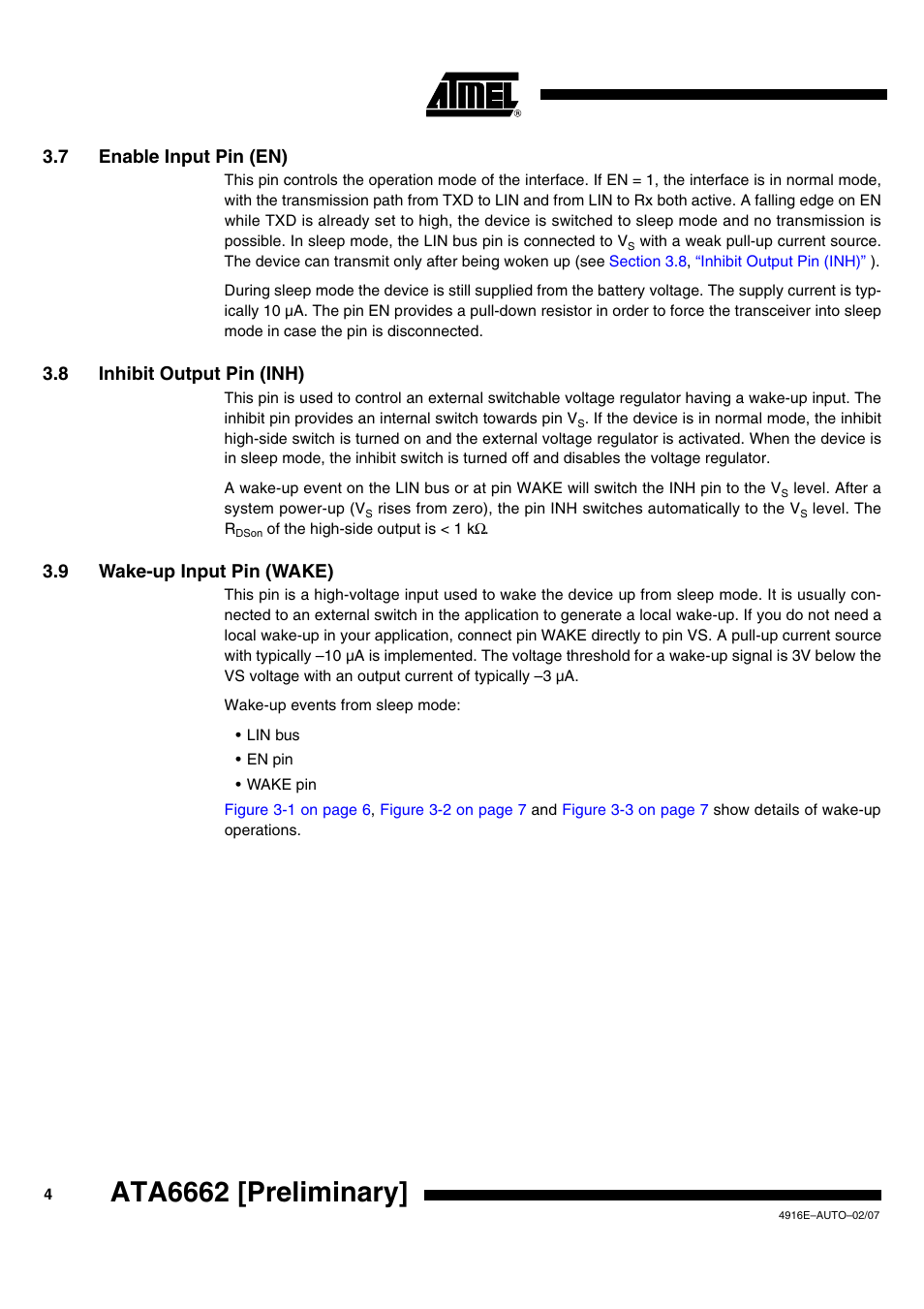 Ata6662 [preliminary, 7 enable input pin (en), 8 inhibit output pin (inh) | 9 wake-up input pin (wake) | Rainbow Electronics ATA6662 User Manual | Page 4 / 16