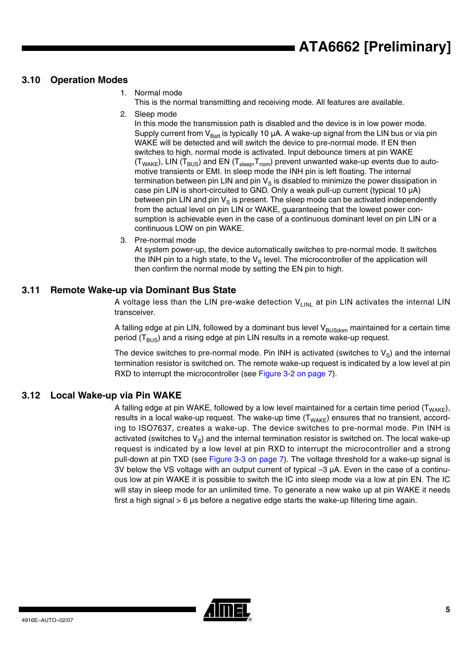 Ata6662 [preliminary, 10 operation modes, 11 remote wake-up via dominant bus state | 12 local wake-up via pin wake | Rainbow Electronics ATA6662 User Manual | Page 5 / 16