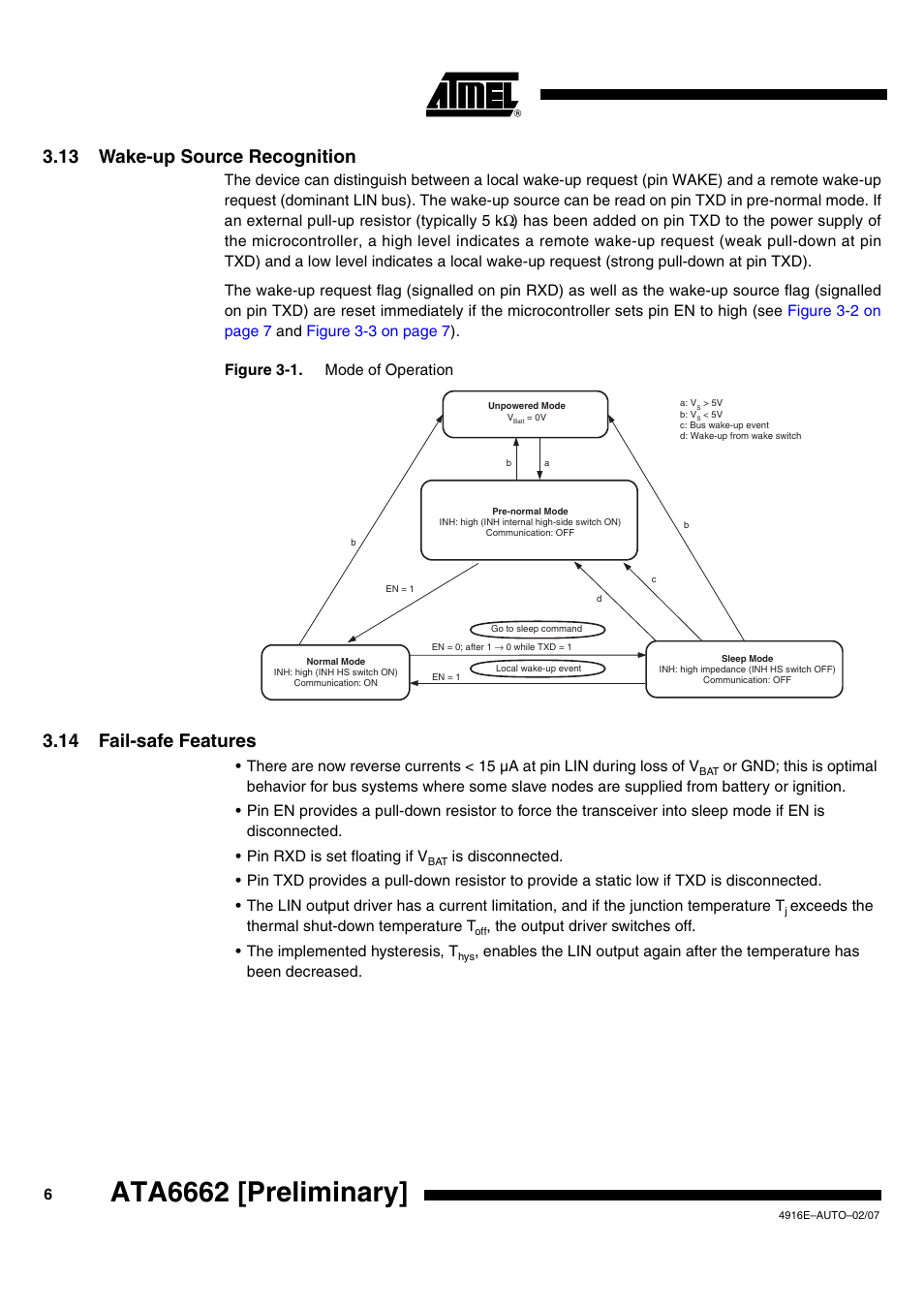 Ata6662 [preliminary, 13 wake-up source recognition, 14 fail-safe features | Rainbow Electronics ATA6662 User Manual | Page 6 / 16