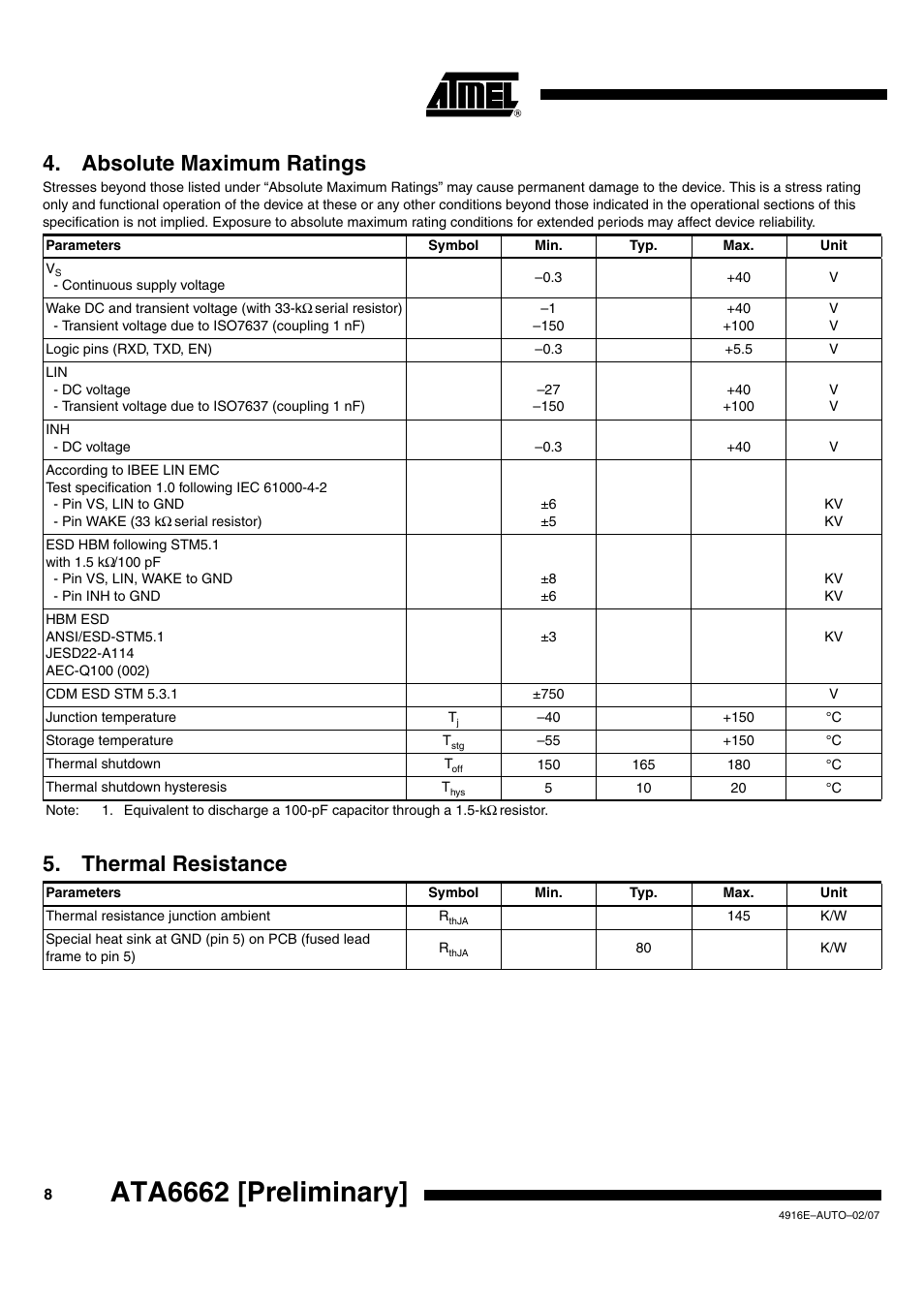 Ata6662 [preliminary, Absolute maximum ratings, Thermal resistance | Rainbow Electronics ATA6662 User Manual | Page 8 / 16
