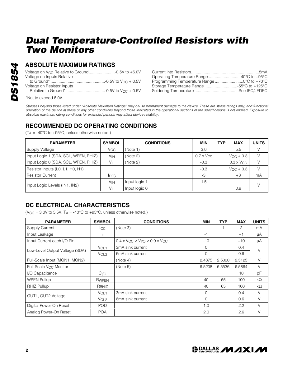 Absolute maximum ratings, Recommended dc operating conditions, Dc electrical characteristics | Rainbow Electronics DS1854 User Manual | Page 2 / 22