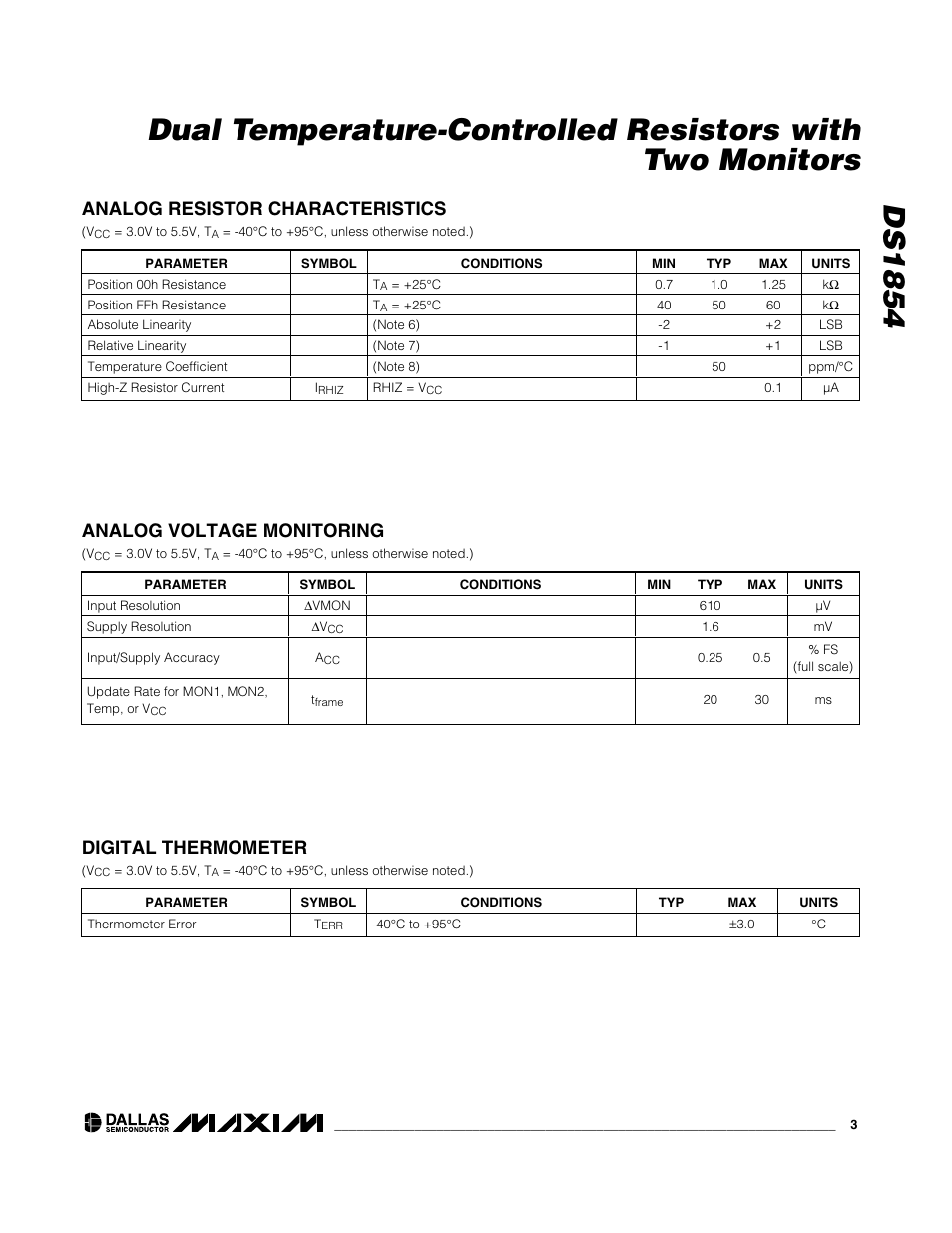 Digital thermometer, Analog voltage monitoring, Analog resistor characteristics | Rainbow Electronics DS1854 User Manual | Page 3 / 22