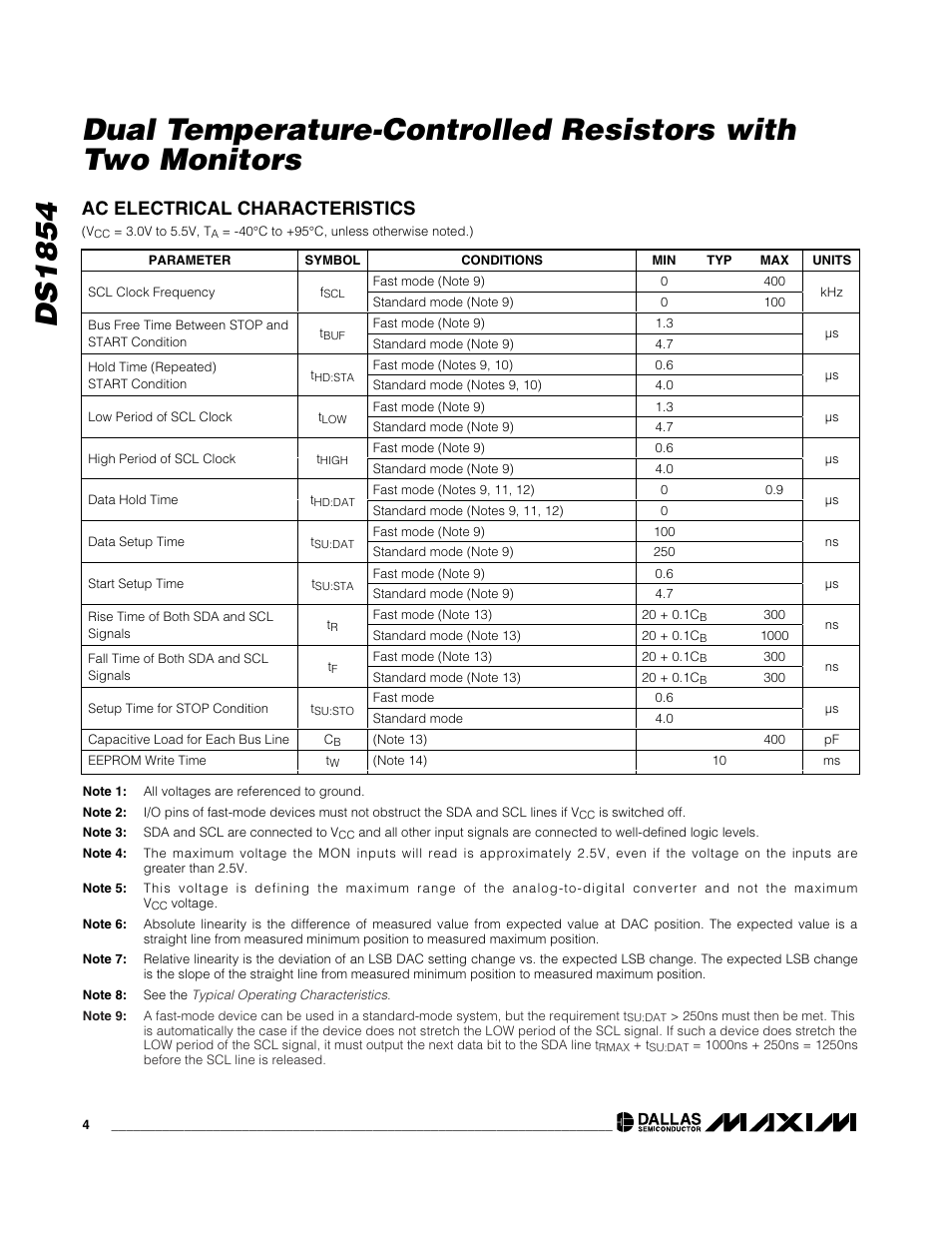 Ac electrical characteristics | Rainbow Electronics DS1854 User Manual | Page 4 / 22