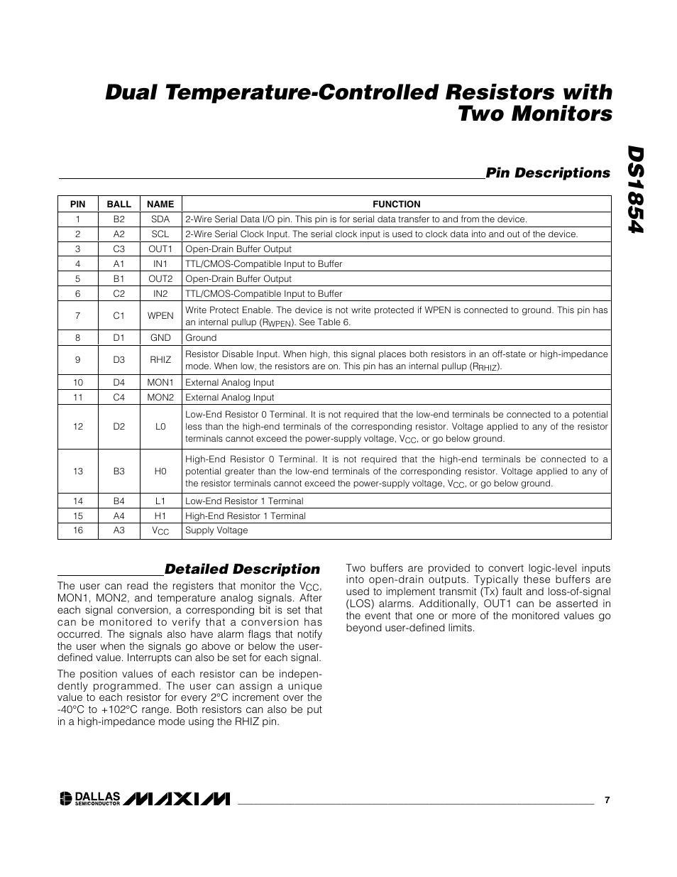 Detailed description, Pin descriptions | Rainbow Electronics DS1854 User Manual | Page 7 / 22