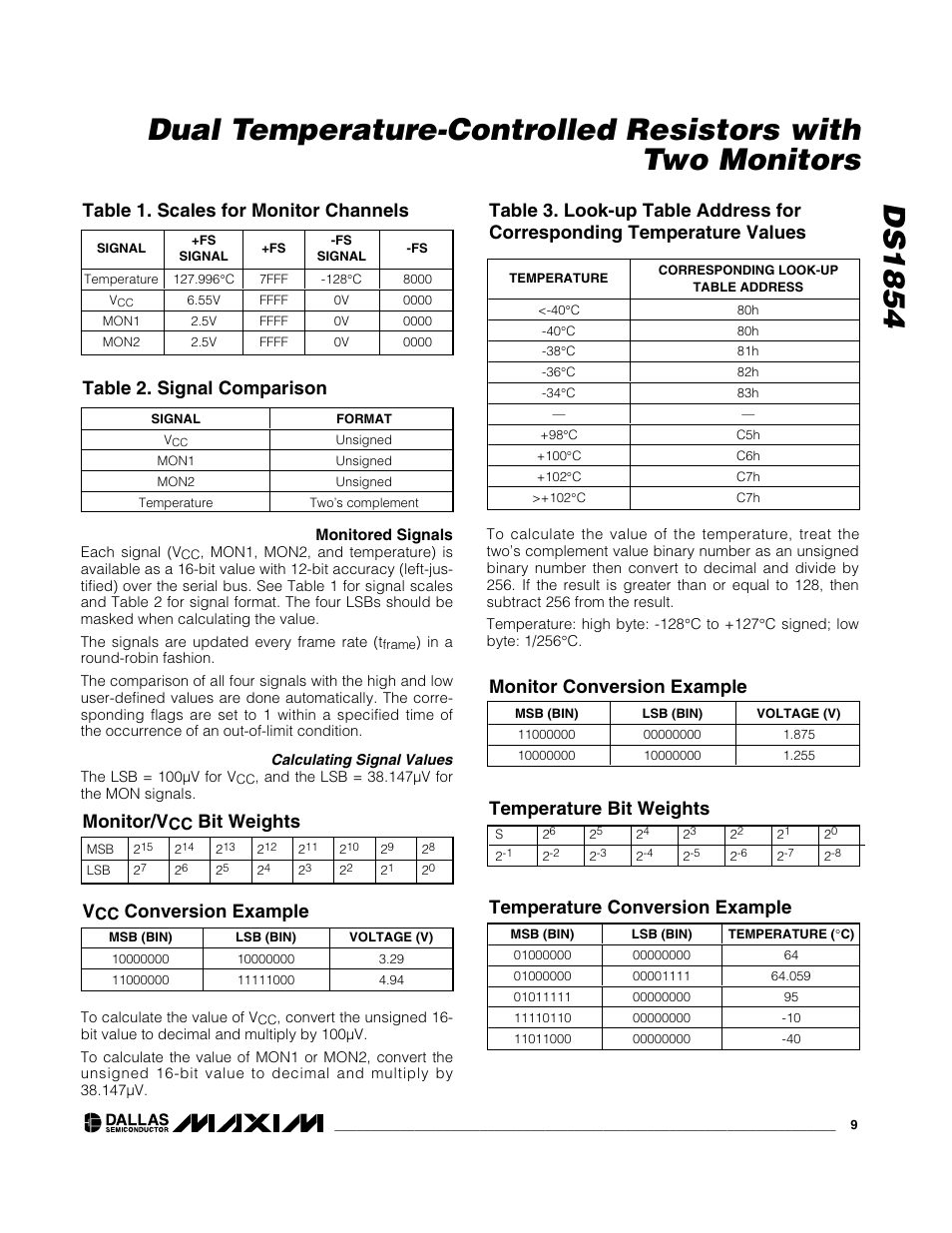 Table 1. scales for monitor channels, Table 2. signal comparison, Monitor/v | Conversion example monitor conversion example | Rainbow Electronics DS1854 User Manual | Page 9 / 22