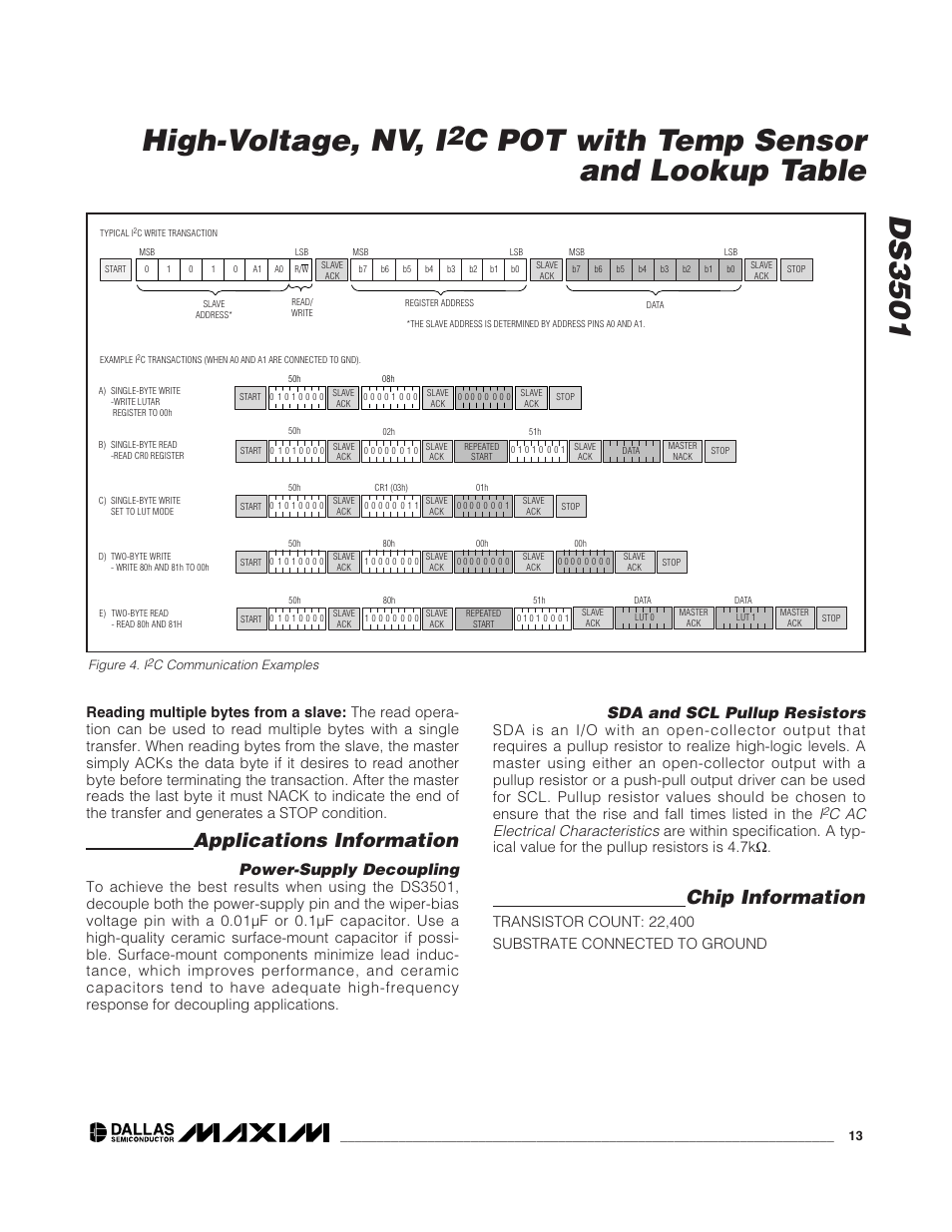 Ds3501 high-voltage, nv, i, C pot with temp sensor and lookup table, Applications information | Chip information, Power-supply decoupling, Sda and scl pullup resistors, C ac electrical characteristics | Rainbow Electronics DS3501 User Manual | Page 13 / 14