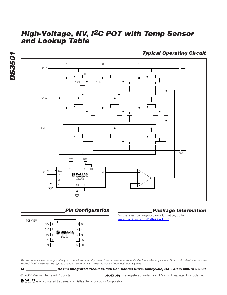 Ds3501 high-voltage, nv, i, C pot with temp sensor and lookup table, Typical operating circuit | Pin configuration package information | Rainbow Electronics DS3501 User Manual | Page 14 / 14