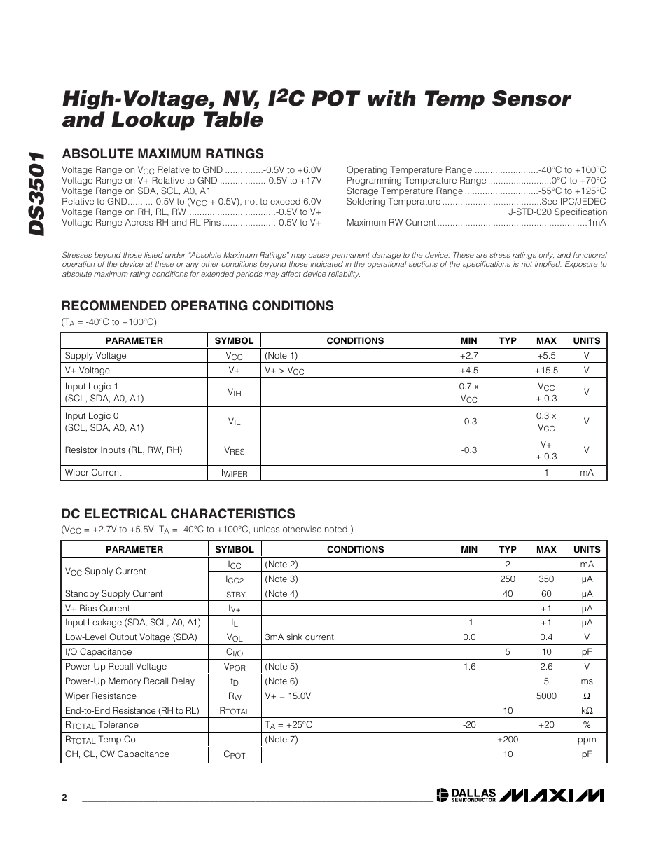 Ds3501 high-voltage, nv, i, C pot with temp sensor and lookup table, Dc electrical characteristics | Rainbow Electronics DS3501 User Manual | Page 2 / 14