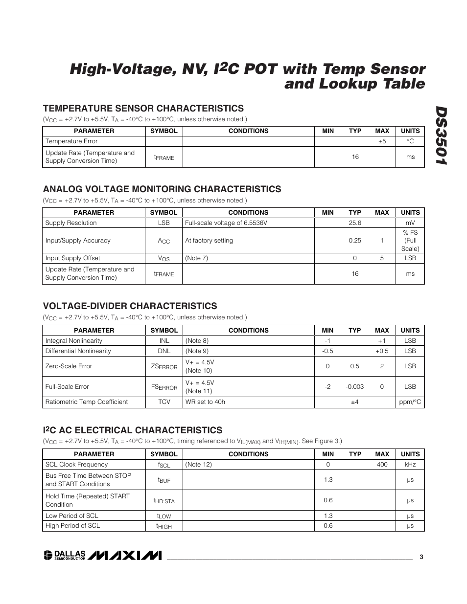 Ds3501 high-voltage, nv, i, C pot with temp sensor and lookup table, Analog voltage monitoring characteristics | Temperature sensor characteristics, Voltage-divider characteristics, C ac electrical characteristics | Rainbow Electronics DS3501 User Manual | Page 3 / 14