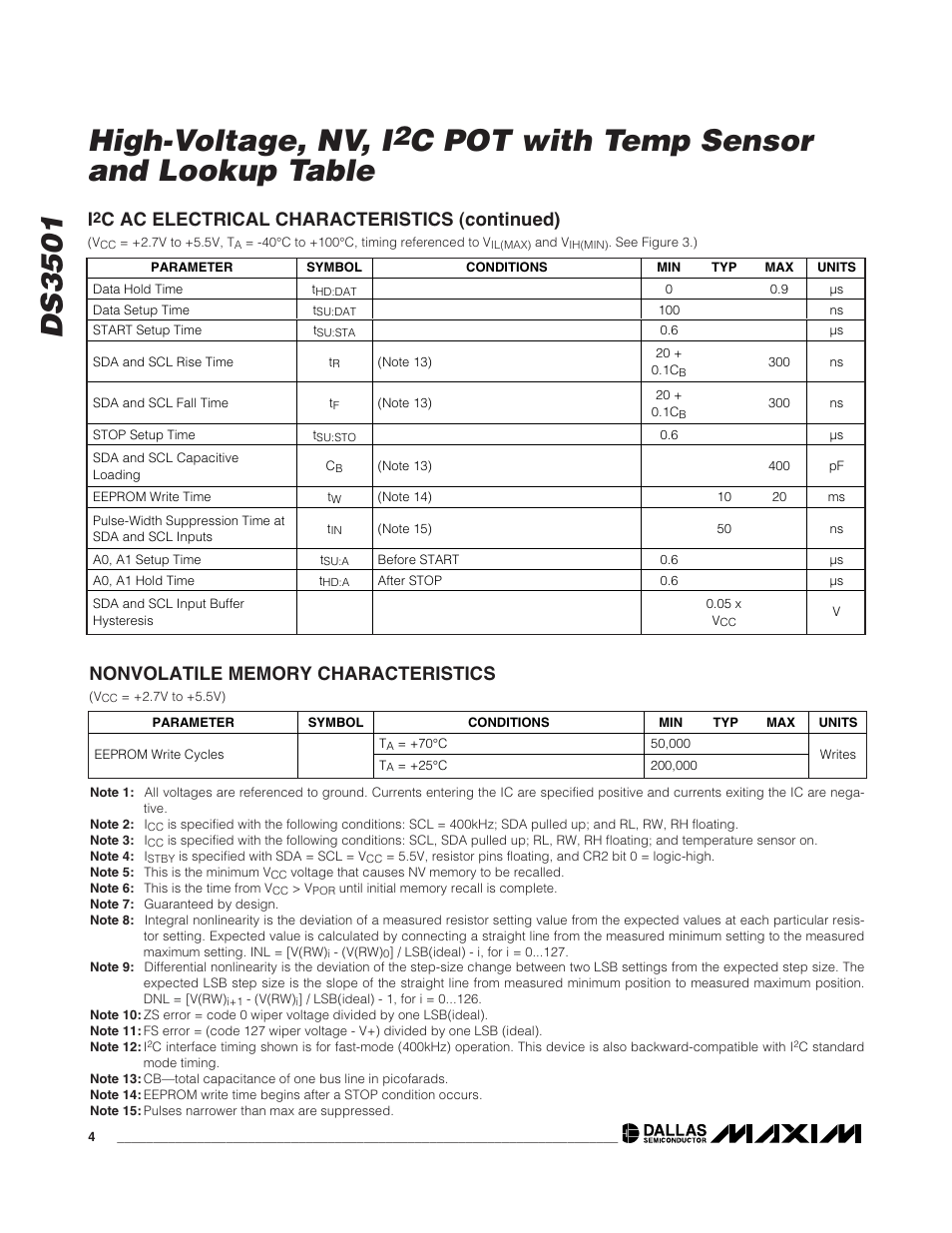Ds3501 high-voltage, nv, i, C pot with temp sensor and lookup table, C ac electrical characteristics (continued) | Rainbow Electronics DS3501 User Manual | Page 4 / 14