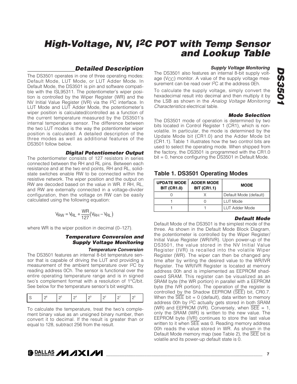 Ds3501 high-voltage, nv, i, C pot with temp sensor and lookup table, Detailed description | Rainbow Electronics DS3501 User Manual | Page 7 / 14