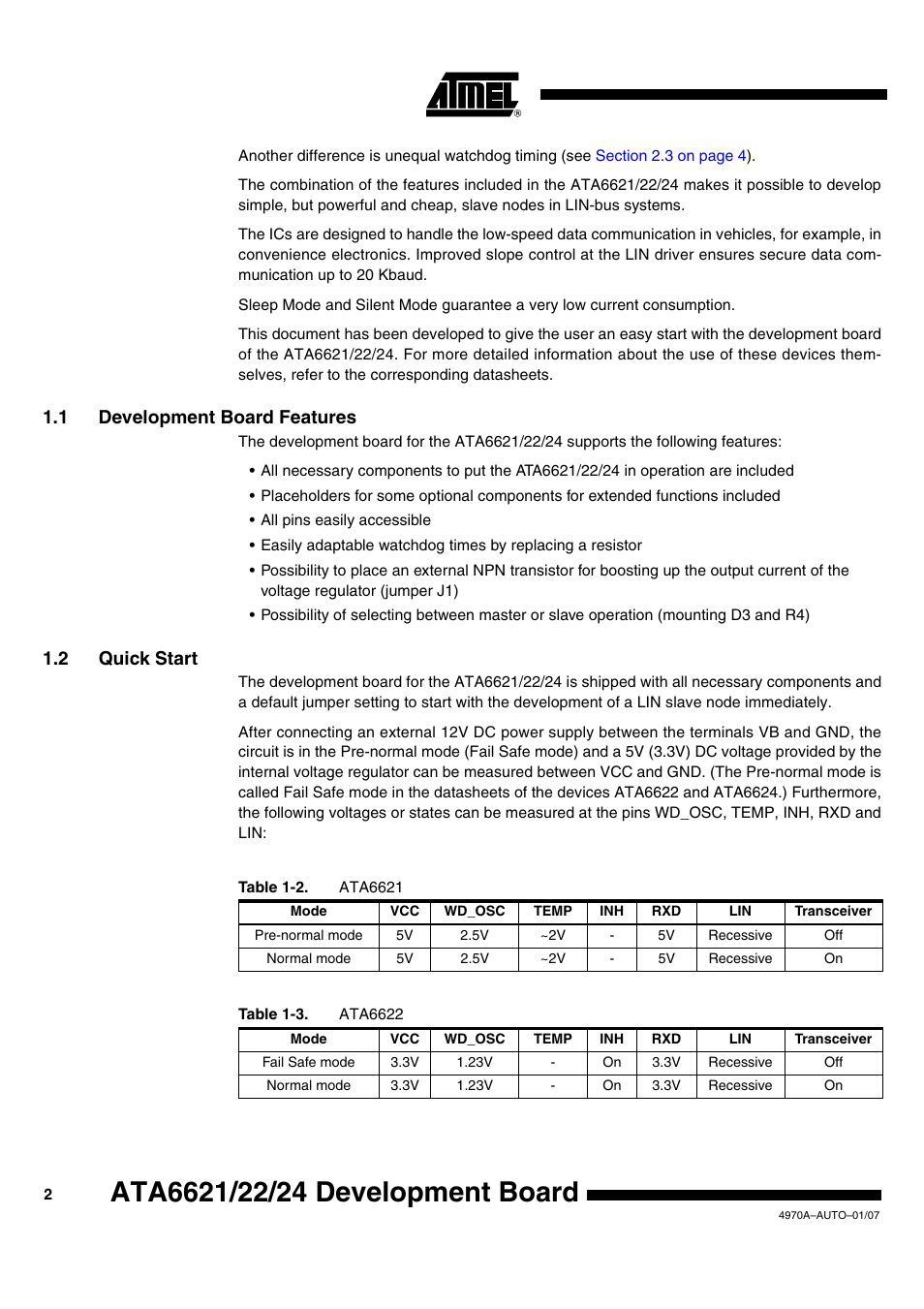 1 development board features, 2 quick start | Rainbow Electronics ATA6626 User Manual | Page 2 / 17