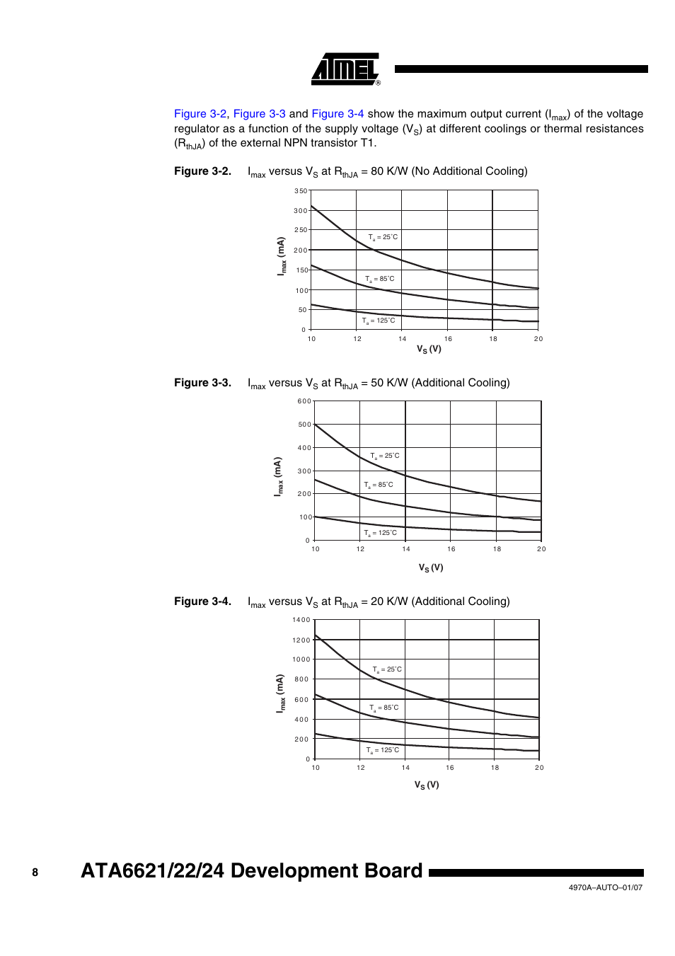 Figure 3-2, Figure 3-3, At different coolings or thermal resistances (r | Of the external npn transistor t1. figure 3-2. i, Versus v, At r, 80 k/w (no additional cooling) figure 3-3. i, 50 k/w (additional cooling) figure 3-4. i, 20 k/w (additional cooling) | Rainbow Electronics ATA6626 User Manual | Page 8 / 17