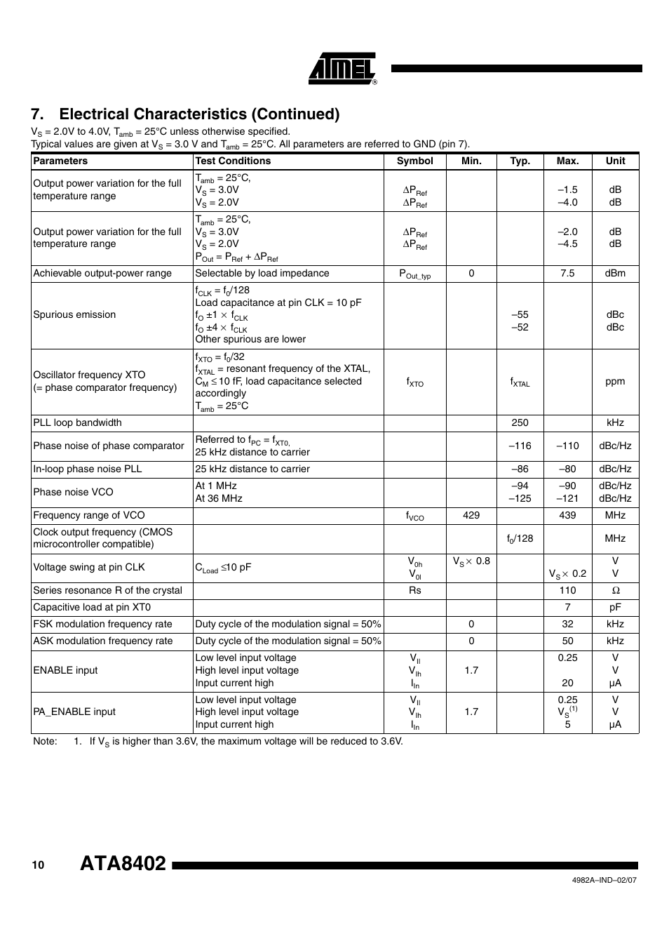 Ata8402, Electrical characteristics (continued) | Rainbow Electronics ATA8402 User Manual | Page 10 / 12