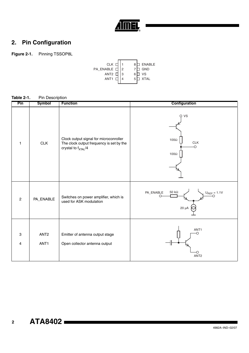 Ata8402, Pin configuration | Rainbow Electronics ATA8402 User Manual | Page 2 / 12