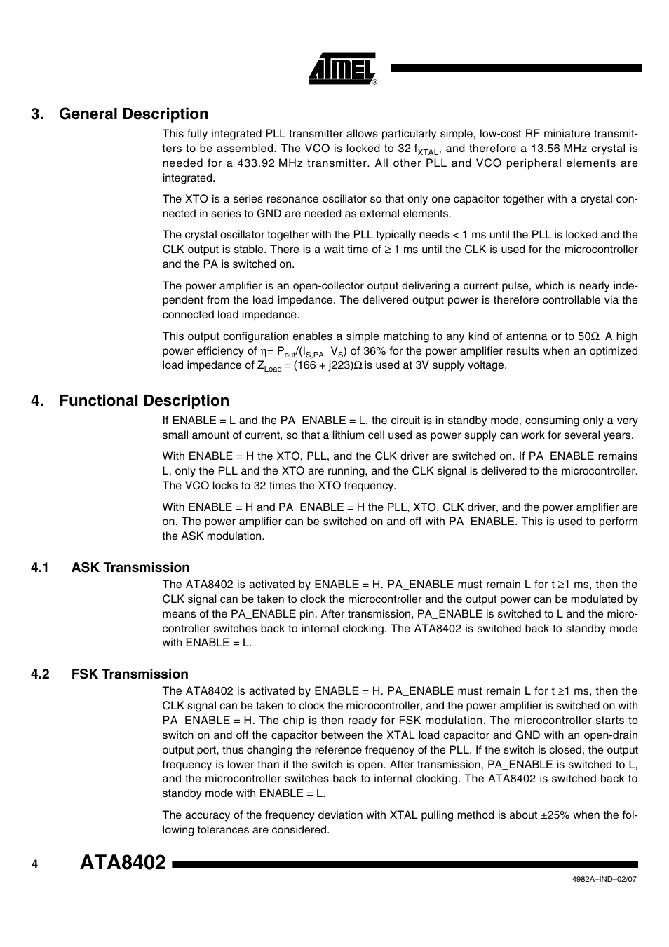 Ata8402, General description, Functional description | Rainbow Electronics ATA8402 User Manual | Page 4 / 12