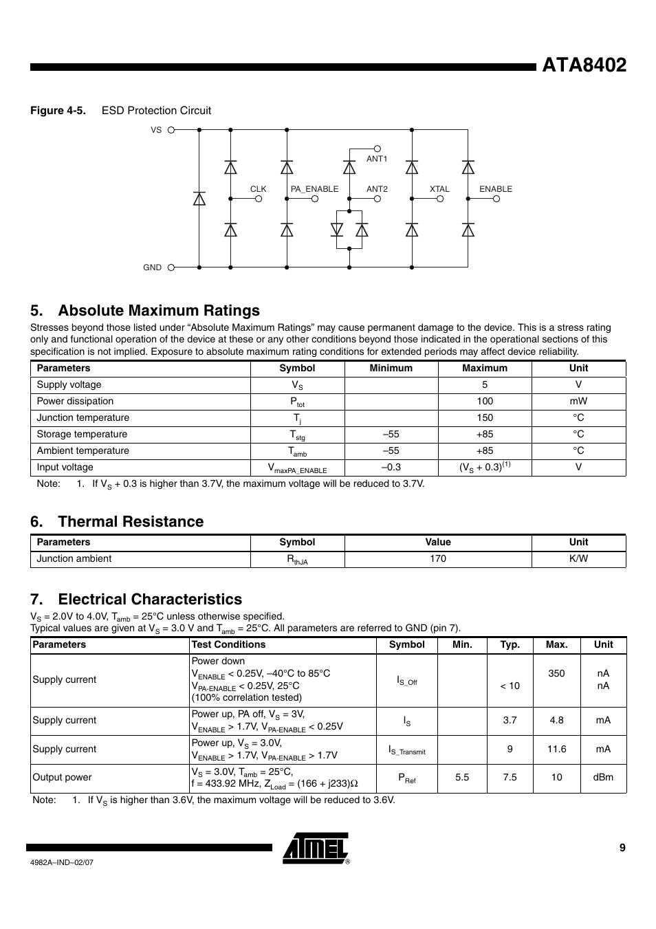 Ata8402, Absolute maximum ratings, Thermal resistance | Electrical characteristics | Rainbow Electronics ATA8402 User Manual | Page 9 / 12