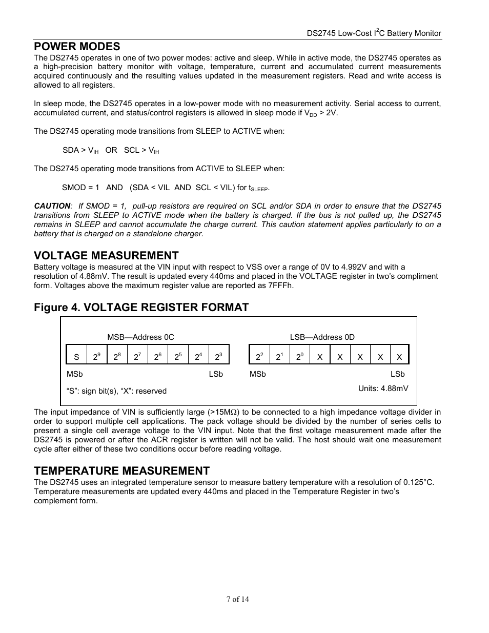 Power modes, Voltage measurement, Figure 4. voltage register format | Temperature measurement | Rainbow Electronics DS2745 User Manual | Page 7 / 14