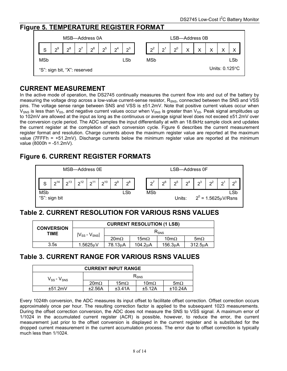 Figure 5. temperature register format, Current measurement, Figure 6. current register formats | Table 3. current range for various rsns values | Rainbow Electronics DS2745 User Manual | Page 8 / 14