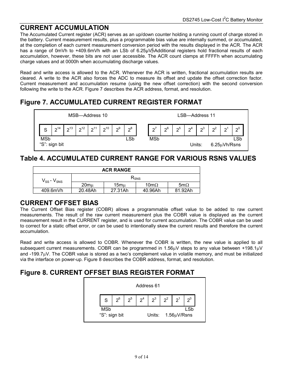 Current accumulation, Figure 7. accumulated current register format, Current offset bias | Figure 8. current offset bias register format | Rainbow Electronics DS2745 User Manual | Page 9 / 14