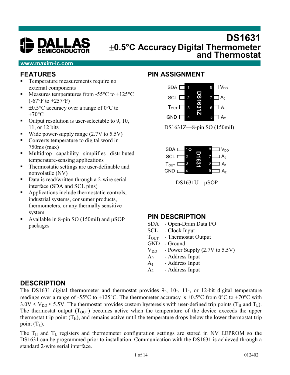 Rainbow Electronics DS1631 User Manual | 14 pages