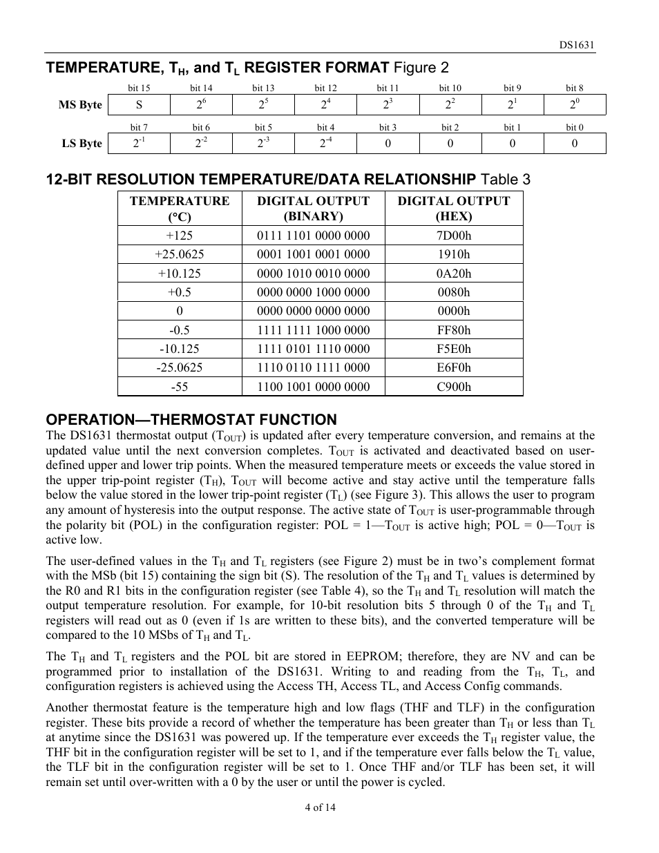 Temperature, t, And t, Register format figure 2 | Operation—thermostat function | Rainbow Electronics DS1631 User Manual | Page 4 / 14