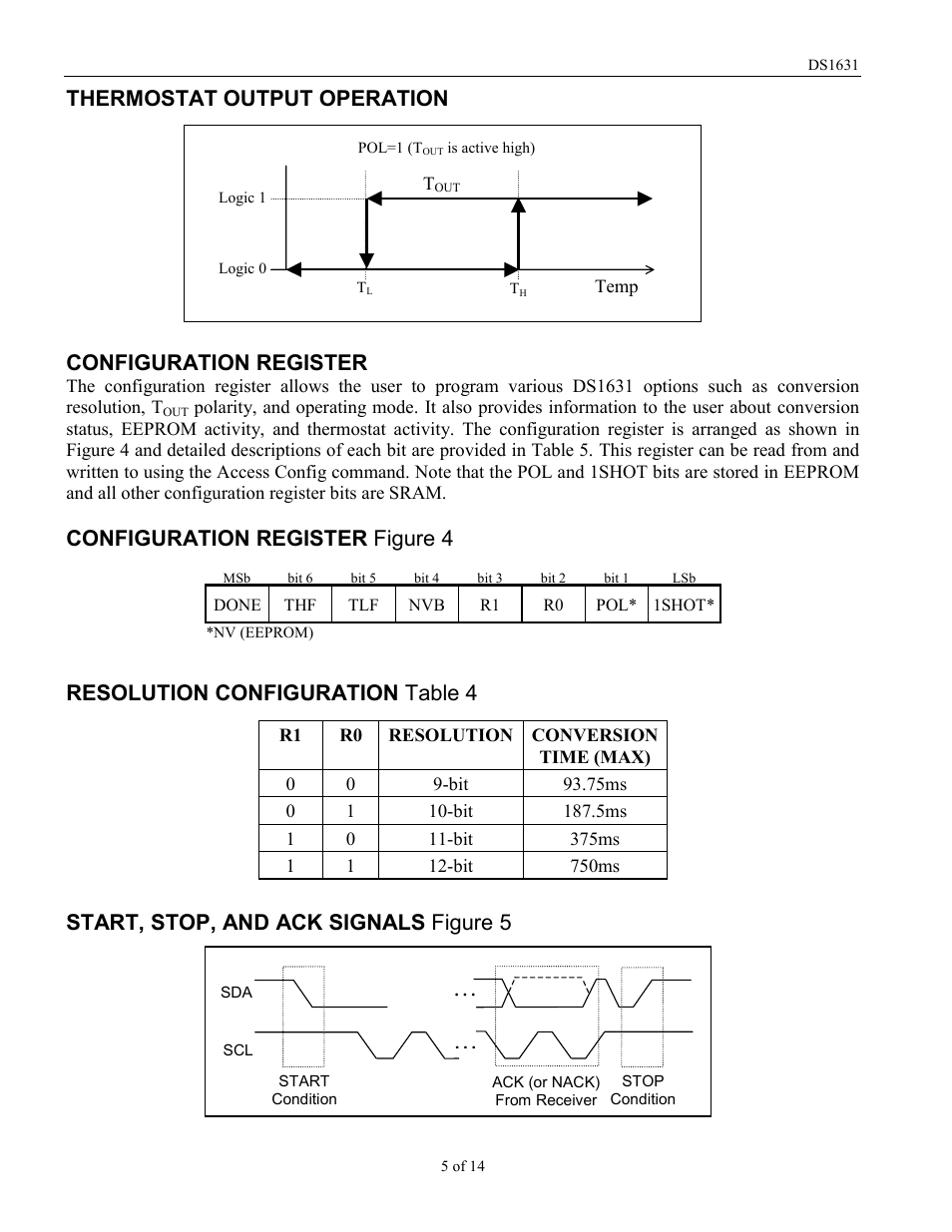 Configuration register figure 4, Resolution configuration table 4, Start, stop, and ack signals figure 5 | Rainbow Electronics DS1631 User Manual | Page 5 / 14