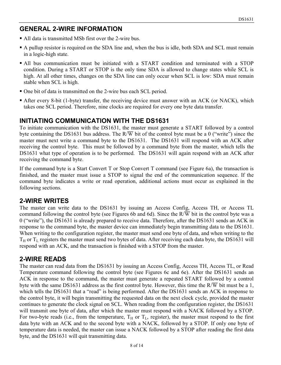 General 2-wire information, Initiating communication with the ds1631, Wire writes | Wire reads | Rainbow Electronics DS1631 User Manual | Page 8 / 14