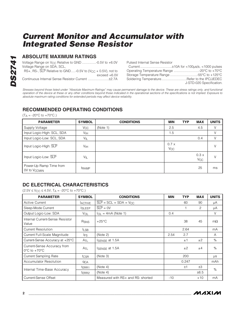 Dc electrical characteristics | Rainbow Electronics DS2741 User Manual | Page 2 / 9