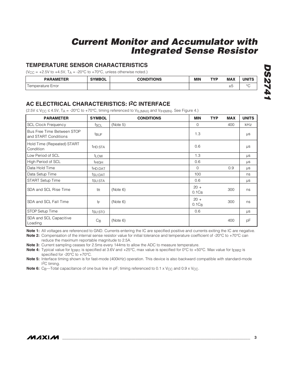 Temperature sensor characteristics, Ac electrical characteristics: i, C interface | Rainbow Electronics DS2741 User Manual | Page 3 / 9