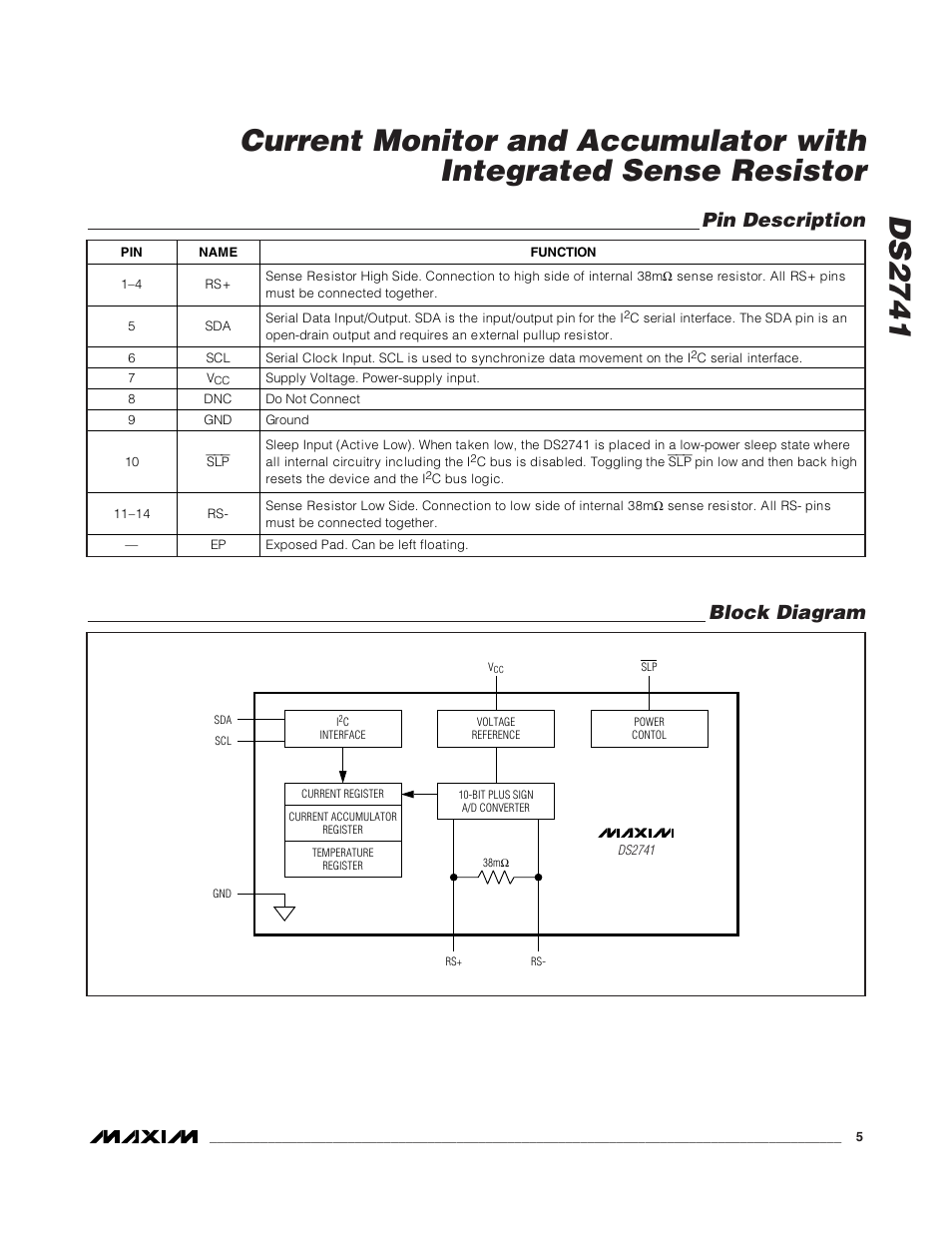 Pin description, Block diagram | Rainbow Electronics DS2741 User Manual | Page 5 / 9