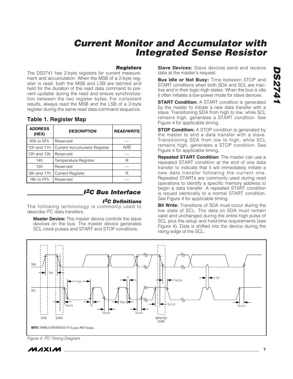 C bus interface, Table 1. register map, Registers | C definitions | Rainbow Electronics DS2741 User Manual | Page 7 / 9