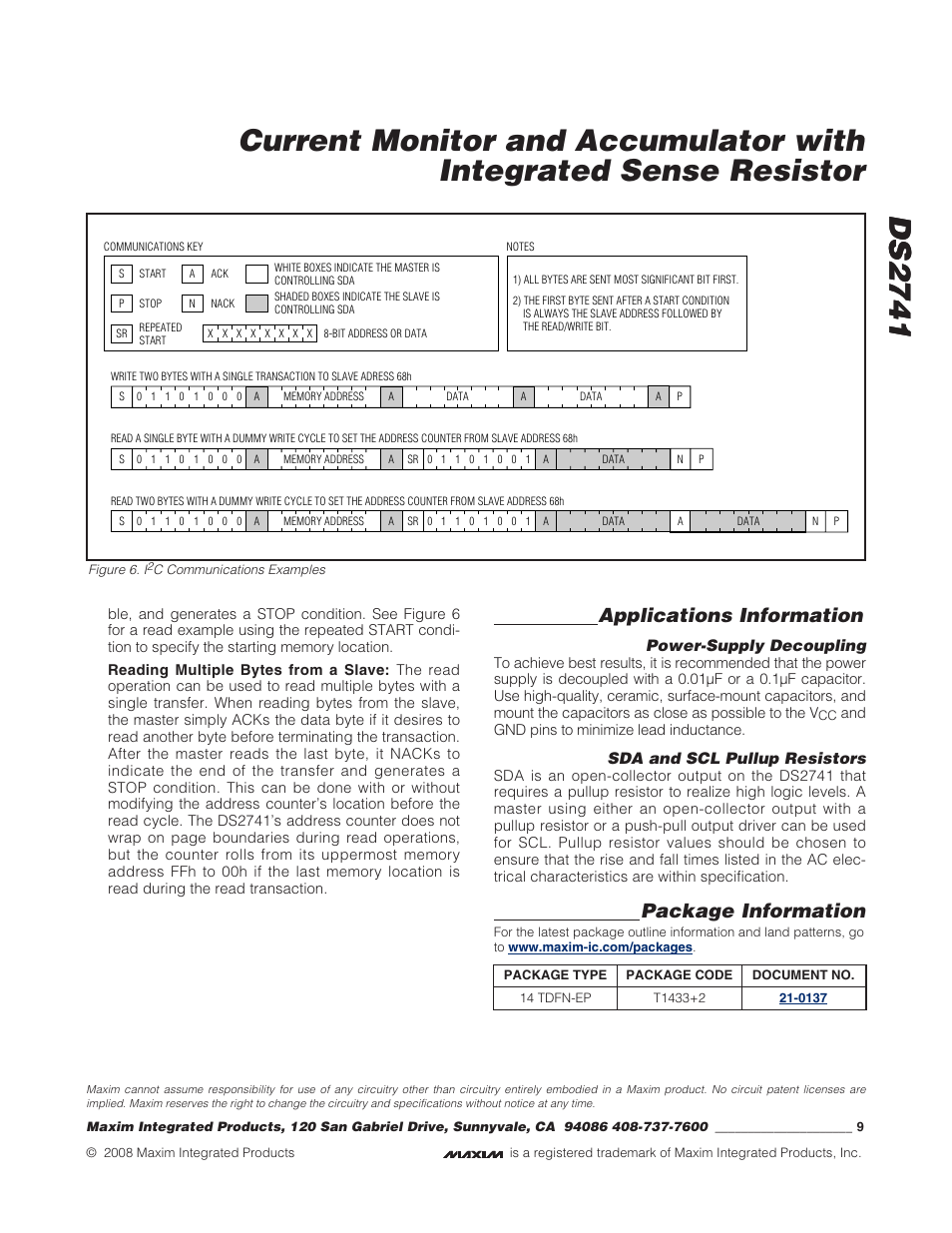 Ds2741, Applications information, Package information | Power-supply decoupling, Sda and scl pullup resistors | Rainbow Electronics DS2741 User Manual | Page 9 / 9