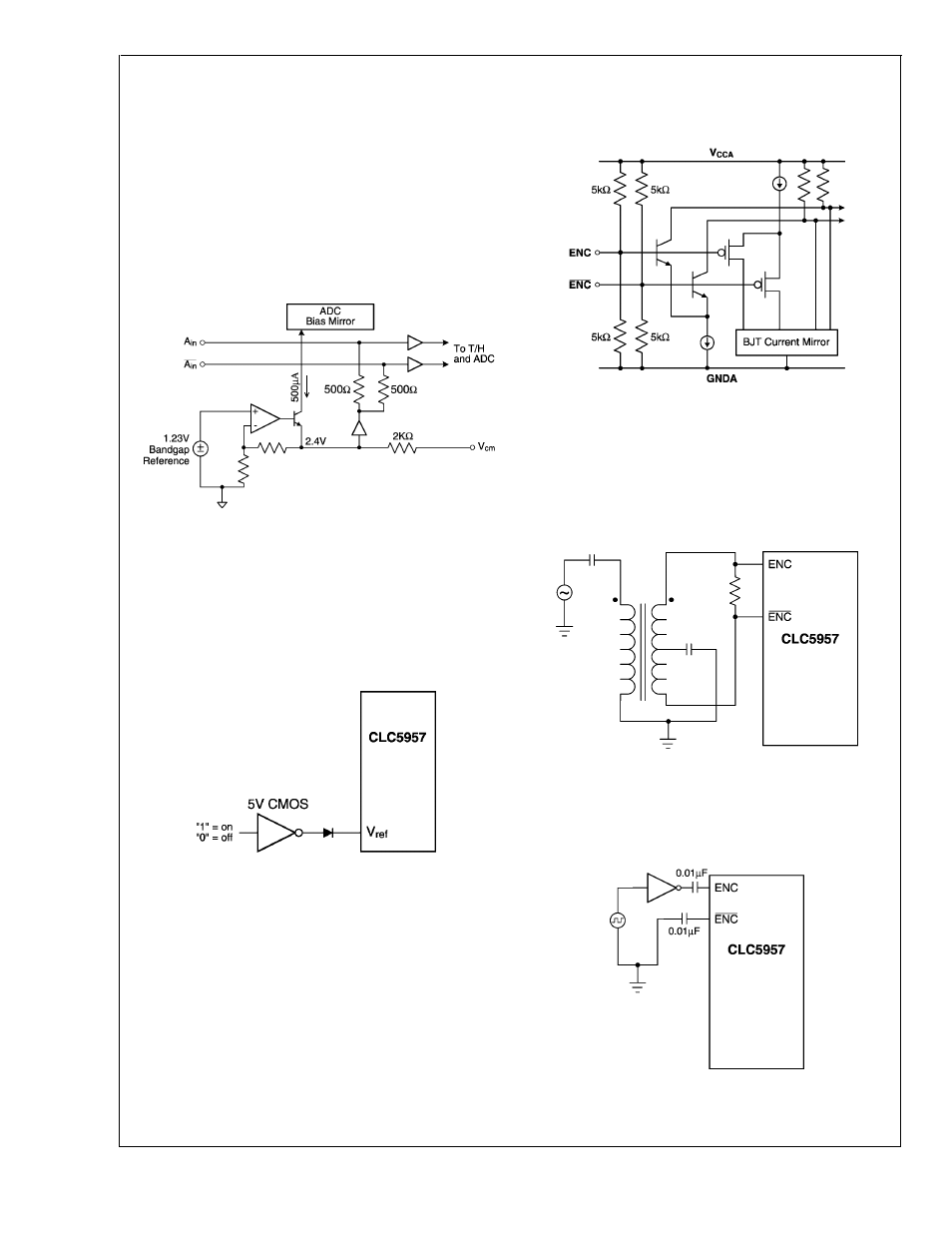 Clc5957 applications, Analog inputs and bias, Figure 1. clc5957 bias scheme | Figure 2. power shutdown scheme, Encode clock inputs, Figure 3. clc5957 encode clock inputs, Figure 4. transformer coupled clock scheme, Figure 5. ttl, 3v cmos or 5v cmos clock scheme, Clc5957 | Rainbow Electronics CLC5957 User Manual | Page 14 / 16