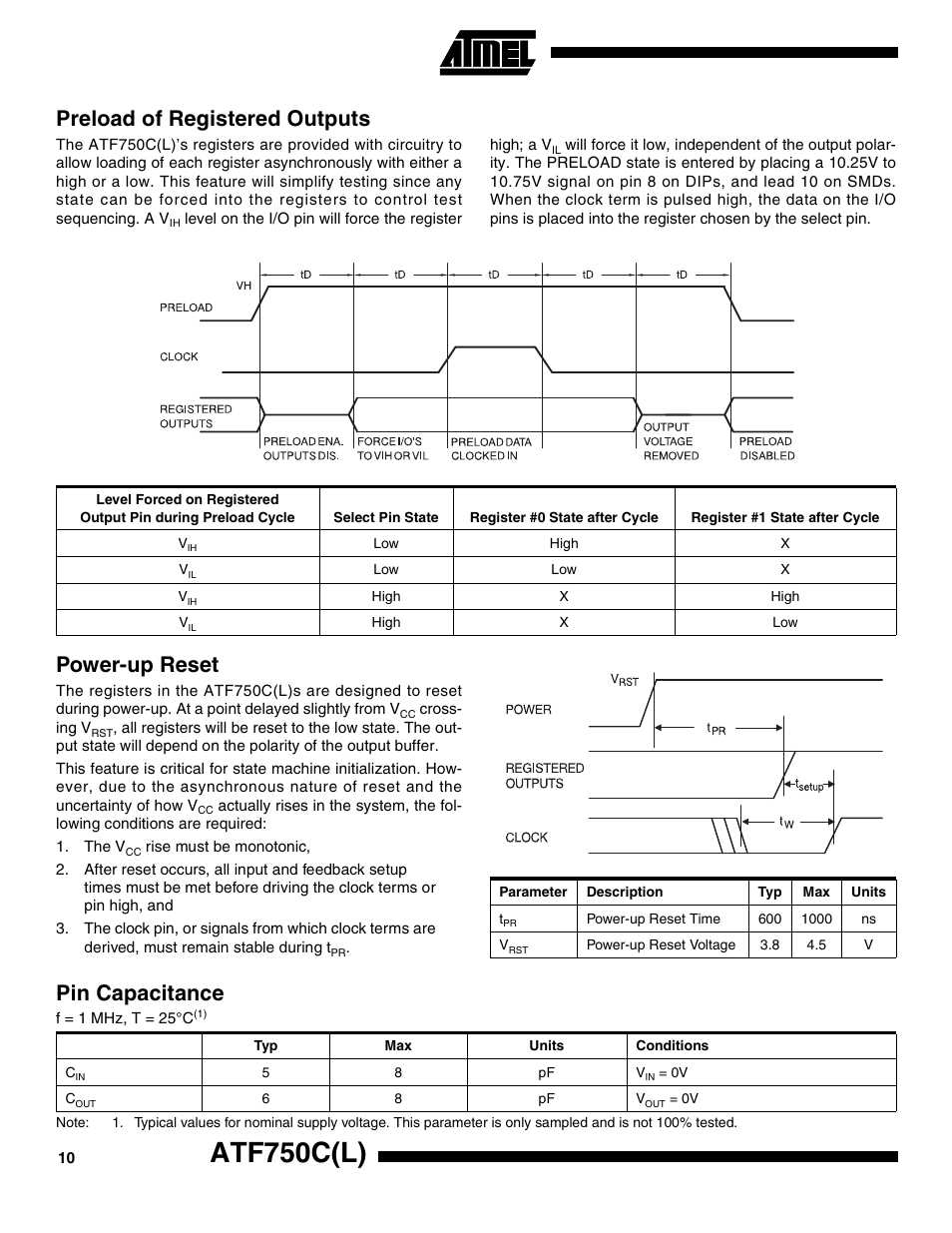 Preload of registered outputs, Power-up reset, Pin capacitance | Atf750c(l) | Rainbow Electronics ATF750CL User Manual | Page 10 / 16