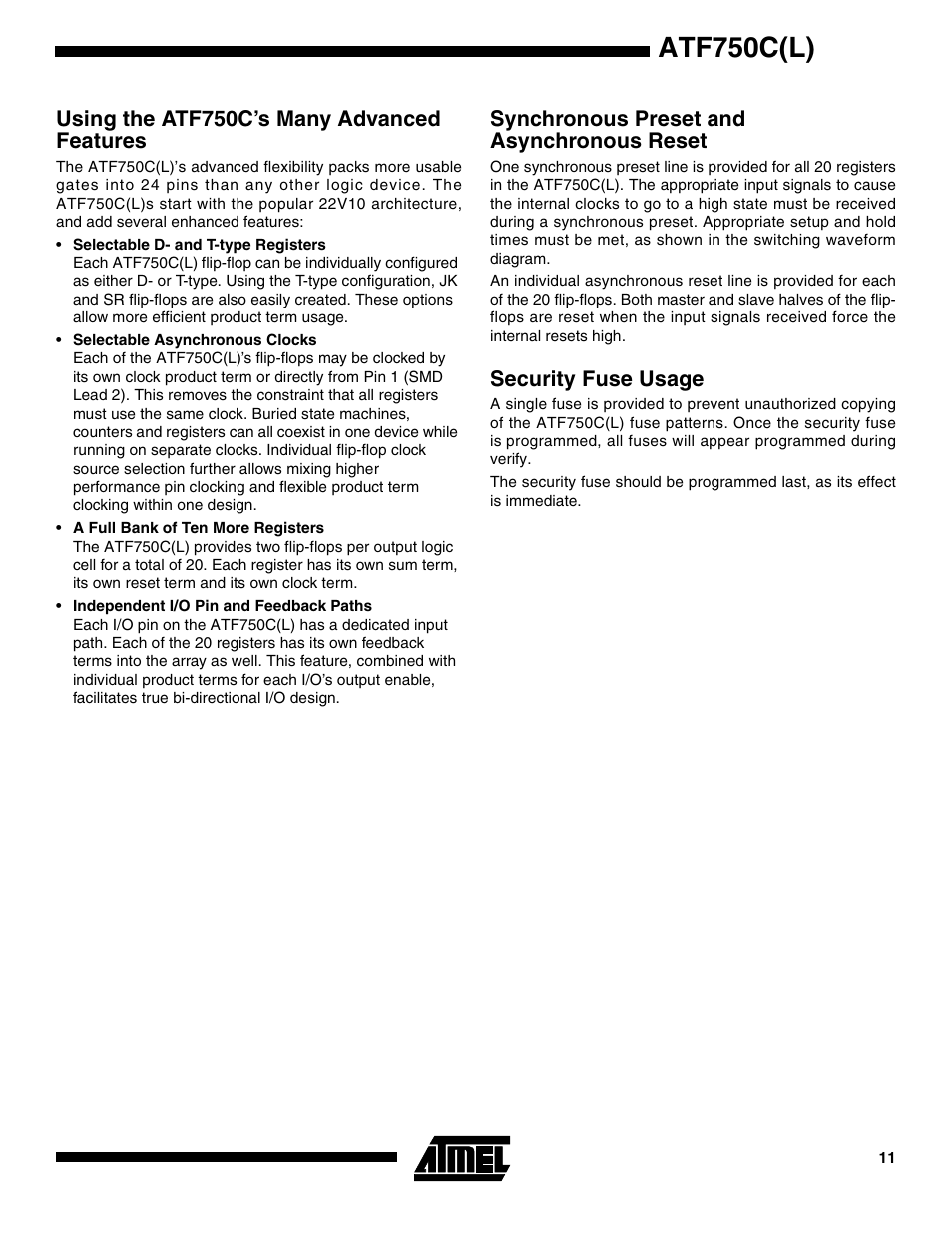 Using the atf750c’s many advanced features, Synchronous preset and asynchronous reset, Security fuse usage | Atf750c(l) | Rainbow Electronics ATF750CL User Manual | Page 11 / 16