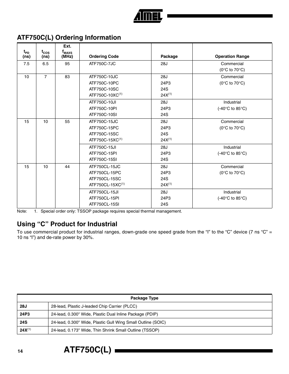Atf750c(l) ordering information, Using “c” product for industrial, Atf750c(l) | Rainbow Electronics ATF750CL User Manual | Page 14 / 16