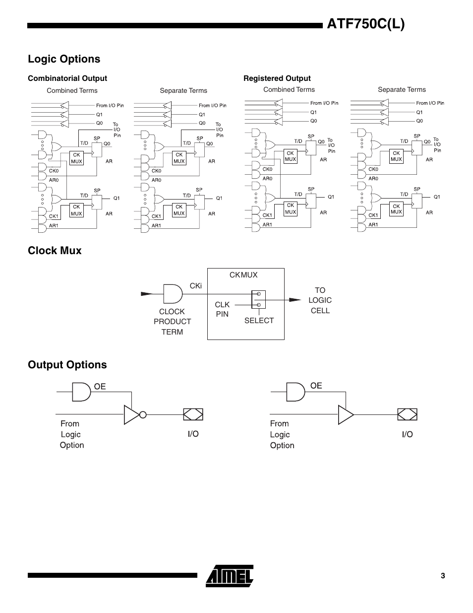 Logic options, Combinatorial output, Registered output | Clock mux, Output options, Atf750c(l), Clock mux output options | Rainbow Electronics ATF750CL User Manual | Page 3 / 16