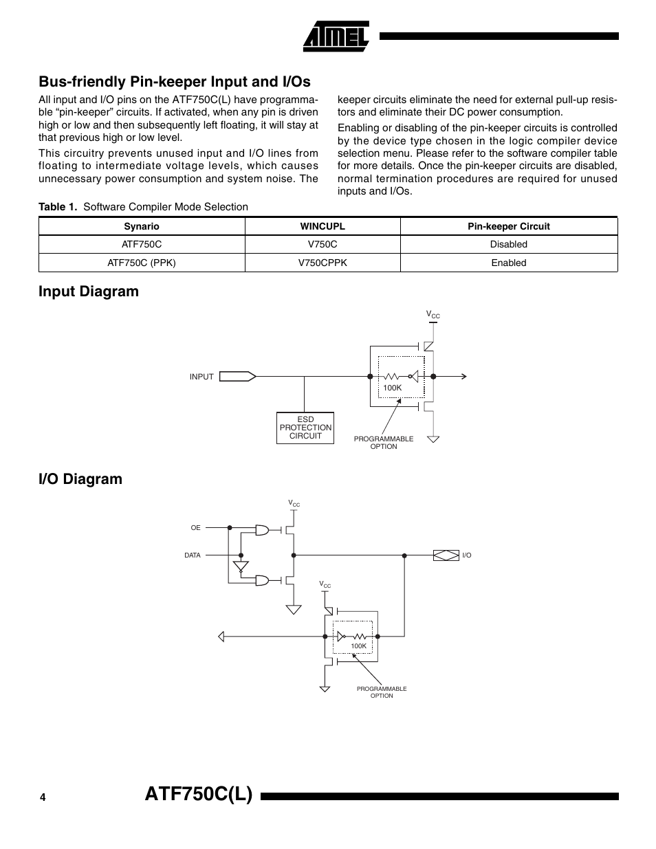 Bus-friendly pin-keeper input and i/os, Input diagram, I/o diagram | Atf750c(l), Input diagram i/o diagram | Rainbow Electronics ATF750CL User Manual | Page 4 / 16