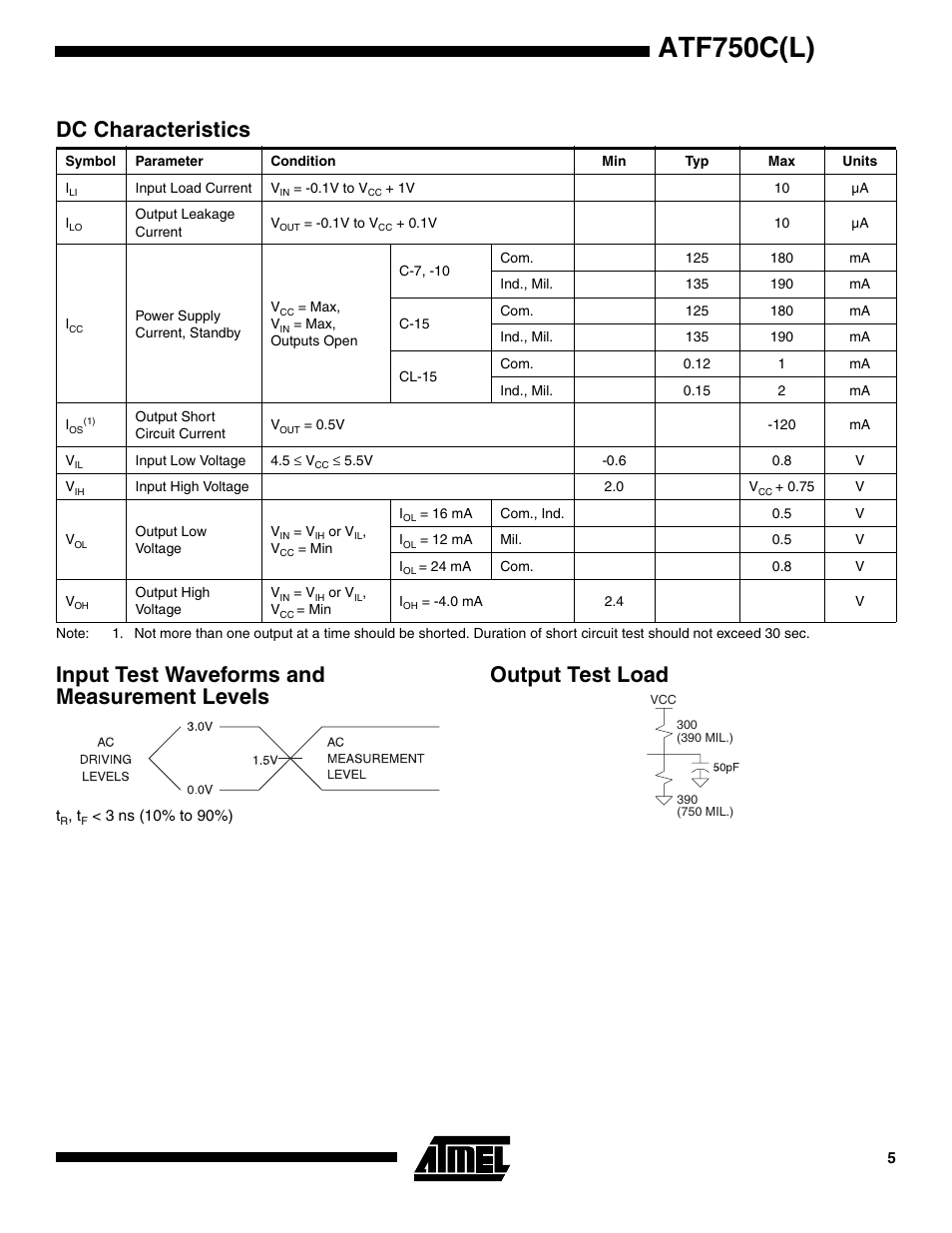 Dc characteristics, Input test waveforms and measurement levels, Output test load | Atf750c(l), Output test load dc characteristics | Rainbow Electronics ATF750CL User Manual | Page 5 / 16