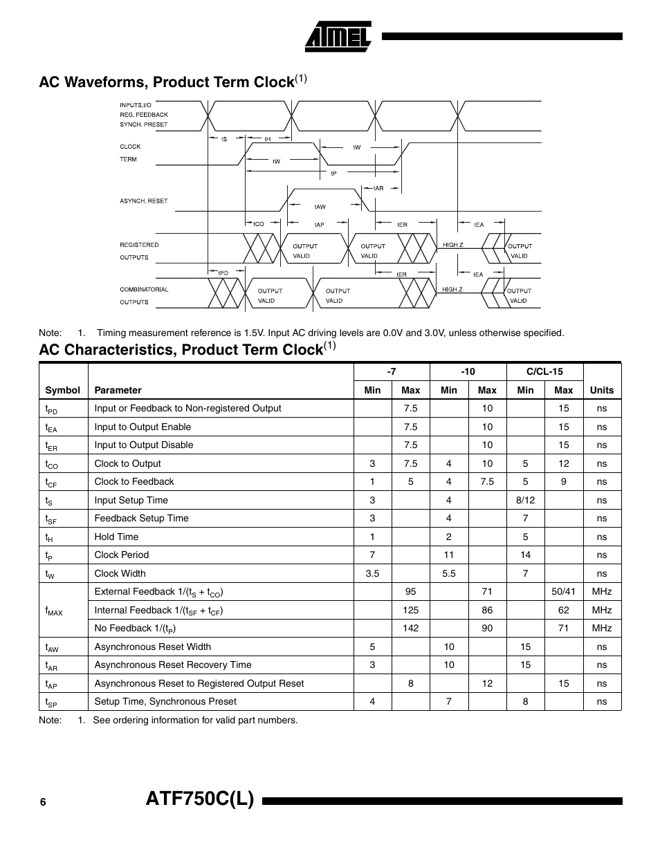 Ac waveforms, product term clock(1), Ac characteristics, product term clock(1), Atf750c(l) | Ac waveforms, product term clock, Ac characteristics, product term clock | Rainbow Electronics ATF750CL User Manual | Page 6 / 16