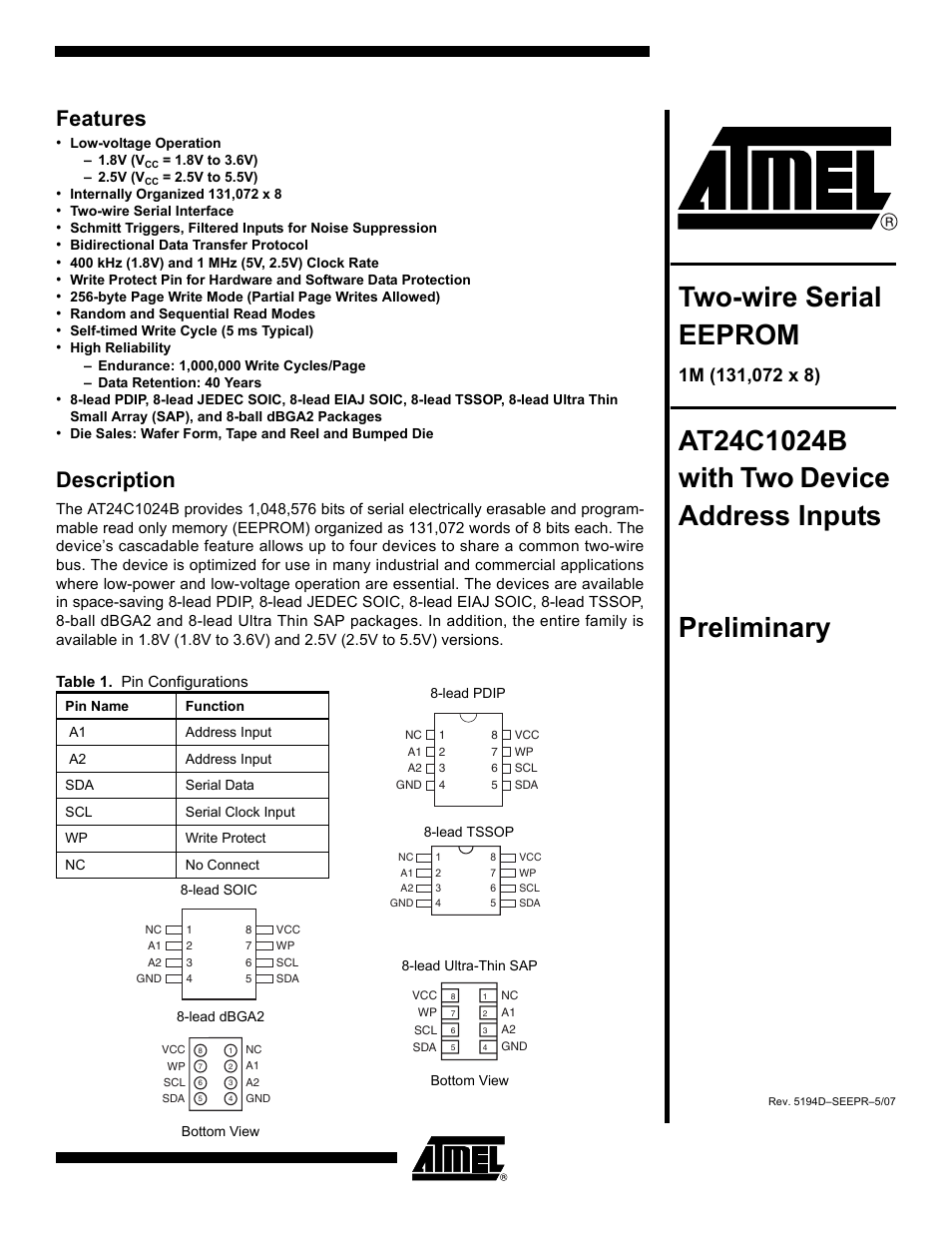 Rainbow Electronics AT24C1024B User Manual | 21 pages