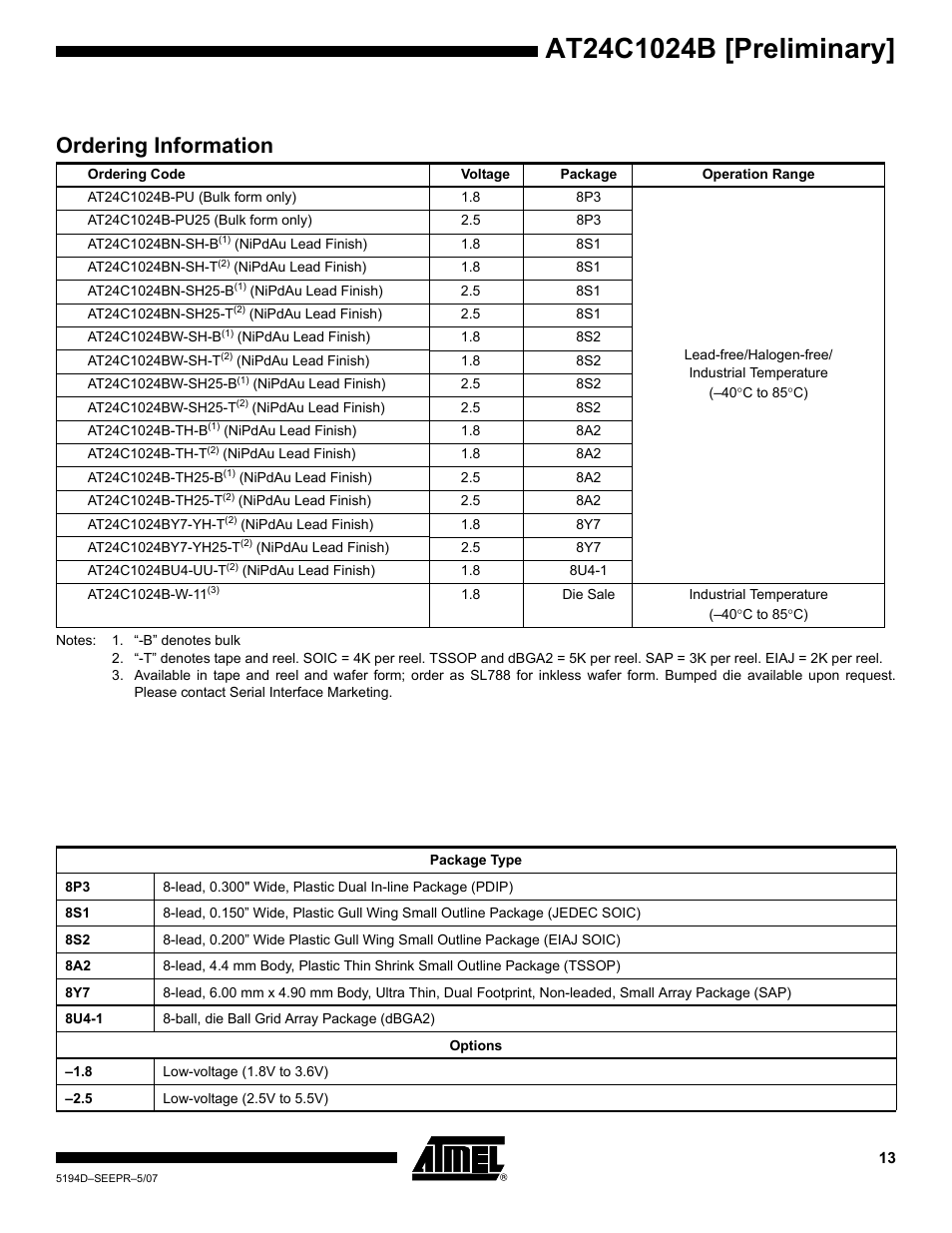 Ordering information | Rainbow Electronics AT24C1024B User Manual | Page 13 / 21