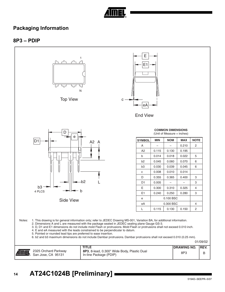 Packaging information, 8p3 - pdip, Packaging information 8p3 – pdip | Top view side view end view | Rainbow Electronics AT24C1024B User Manual | Page 14 / 21